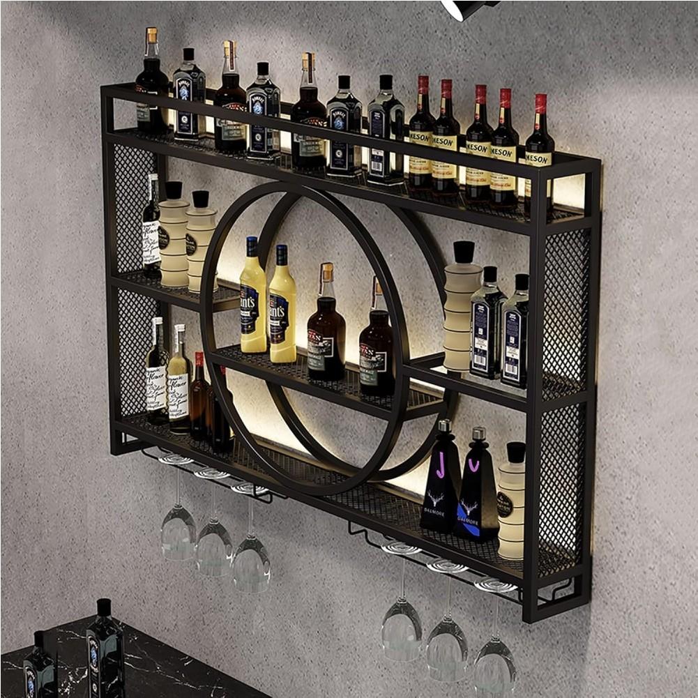 Bar Liquor Bottle Display Shelf with LED Light Wine Glass Holder Wall-Mounted Floating Wall Wine Bracket For Home Kitchen