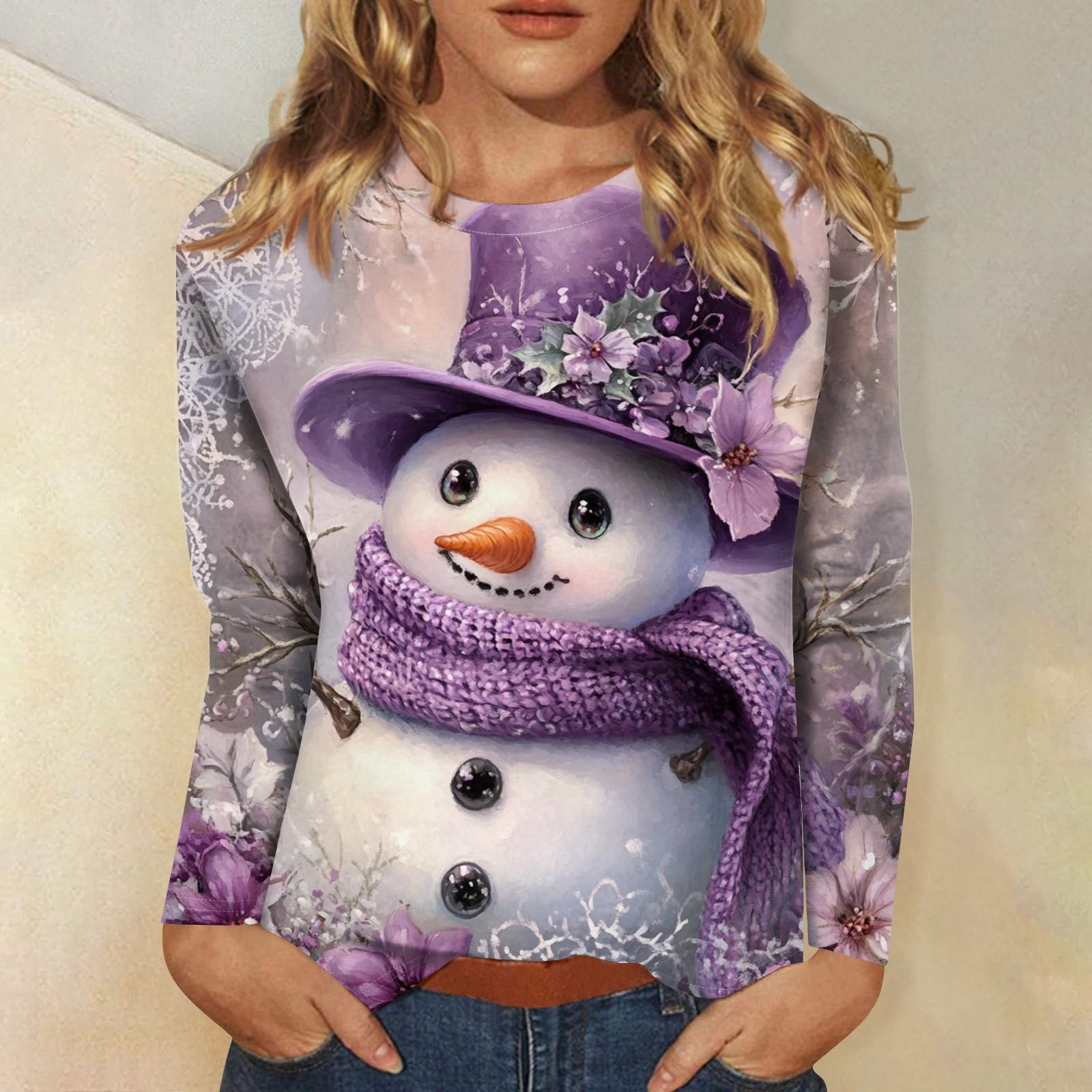 

Рубашки с длинным рукавом для женщин Милые принты Футболки Блузки Повседневные Большие размеры Базовые топы Пуловеры Рождественские XXL фиолетовый