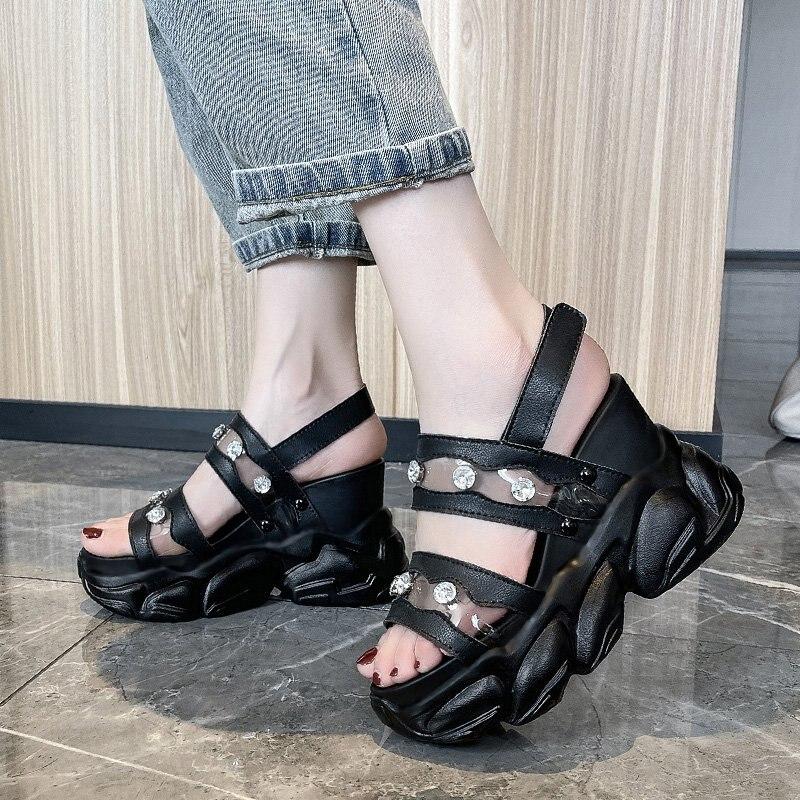 

Женские туфли-гладиаторы, летние сандалии с открытым носком, туфли на блочном каблуке с кристаллами, женские модельные сексуальные женские кожаные сандалии высотой 10 см, новые