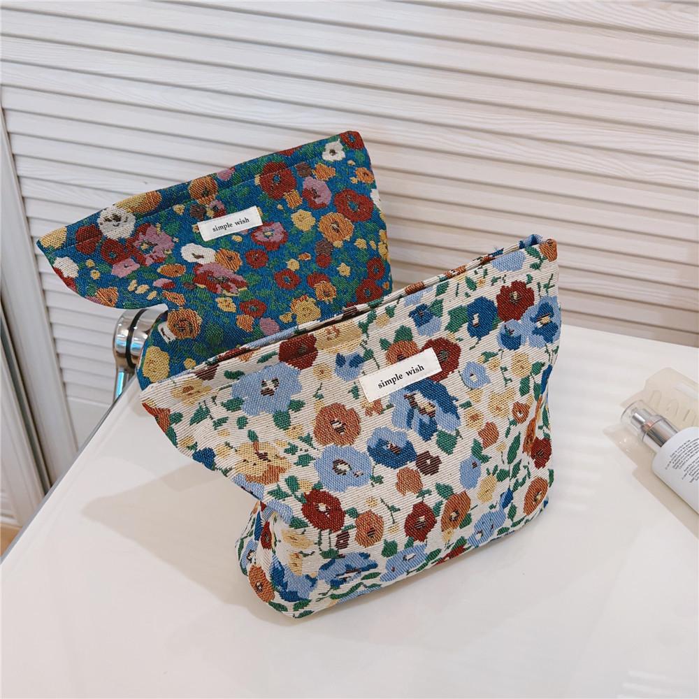 Retro Flower Pattern Canvas Cosmetic Bag Makeup Bag Travel Toiletry Accessories Organizer Pouch