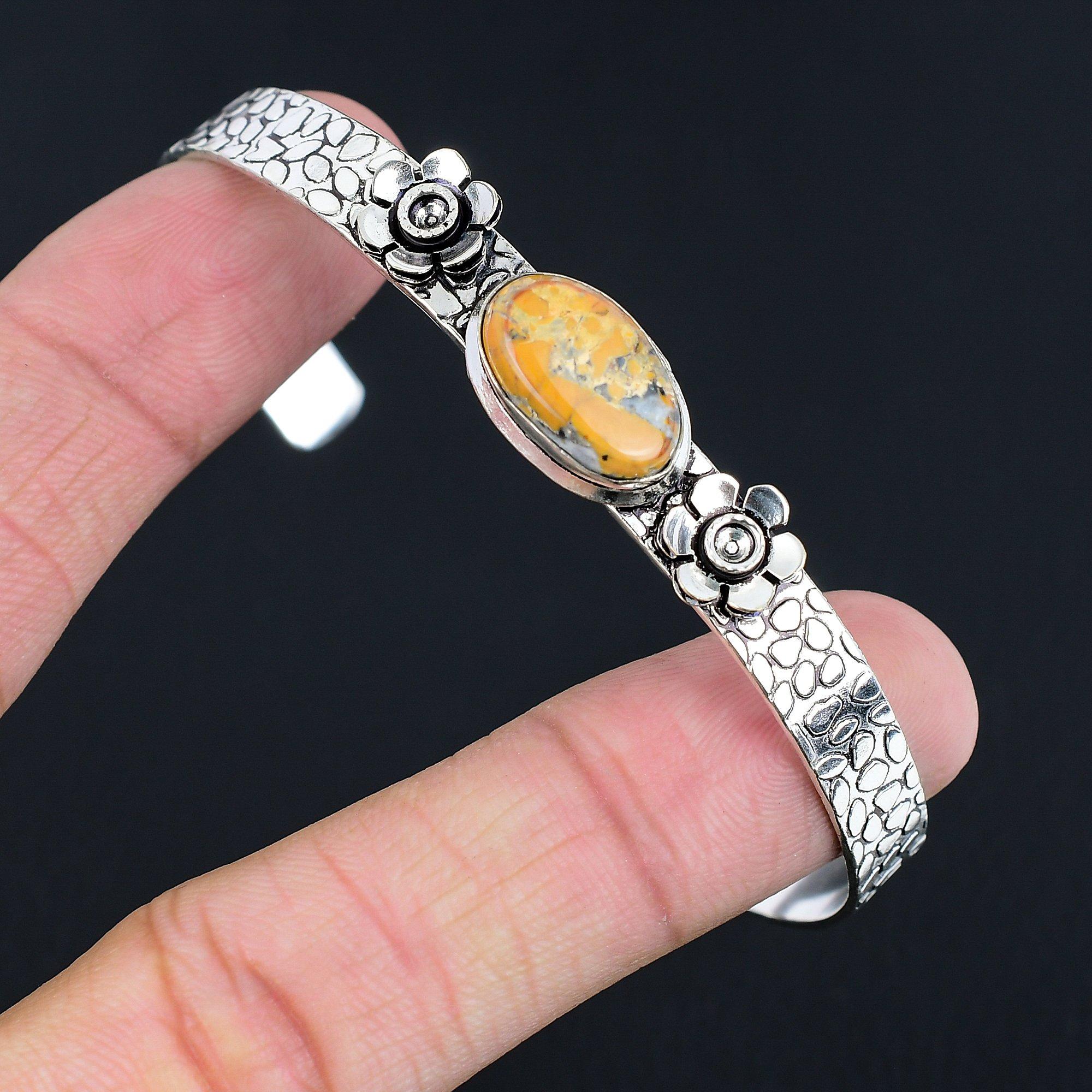 

Halloween Deal 925 Silver Oval Maligano Jasper Stone Mother Boho Bangle Bracelet Adjustable