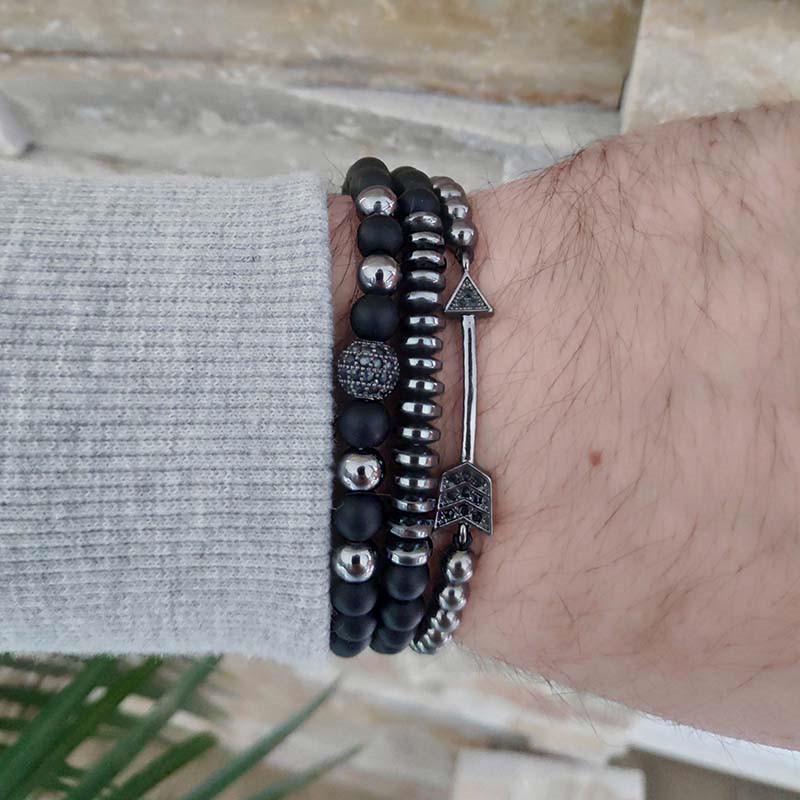 Matte Black Cubic Zirconia Ball & UFO Pendant Braided Bracelet Set