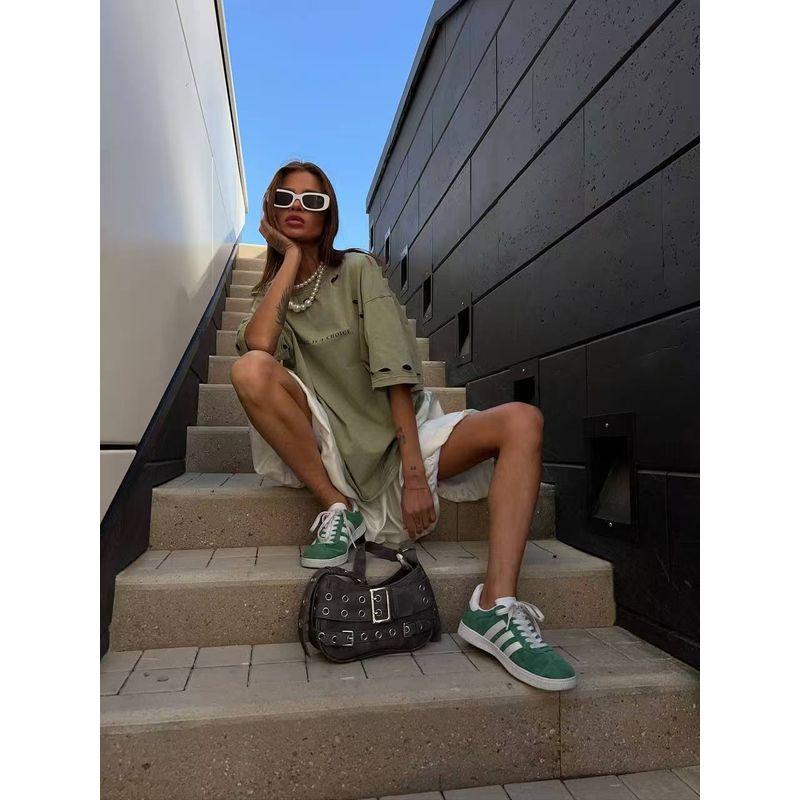 Western Style Loose Letters Print Distressed Hole T-shirt Top Broken Hole Printed T-shirt