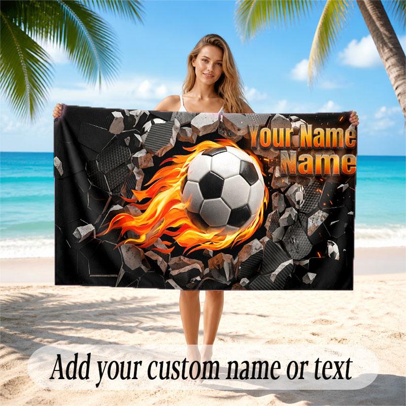 Soccer Theme Beach Towel Personalized Custom Name & Text Soft Quick Dry Beach Towel for Swimming Travel