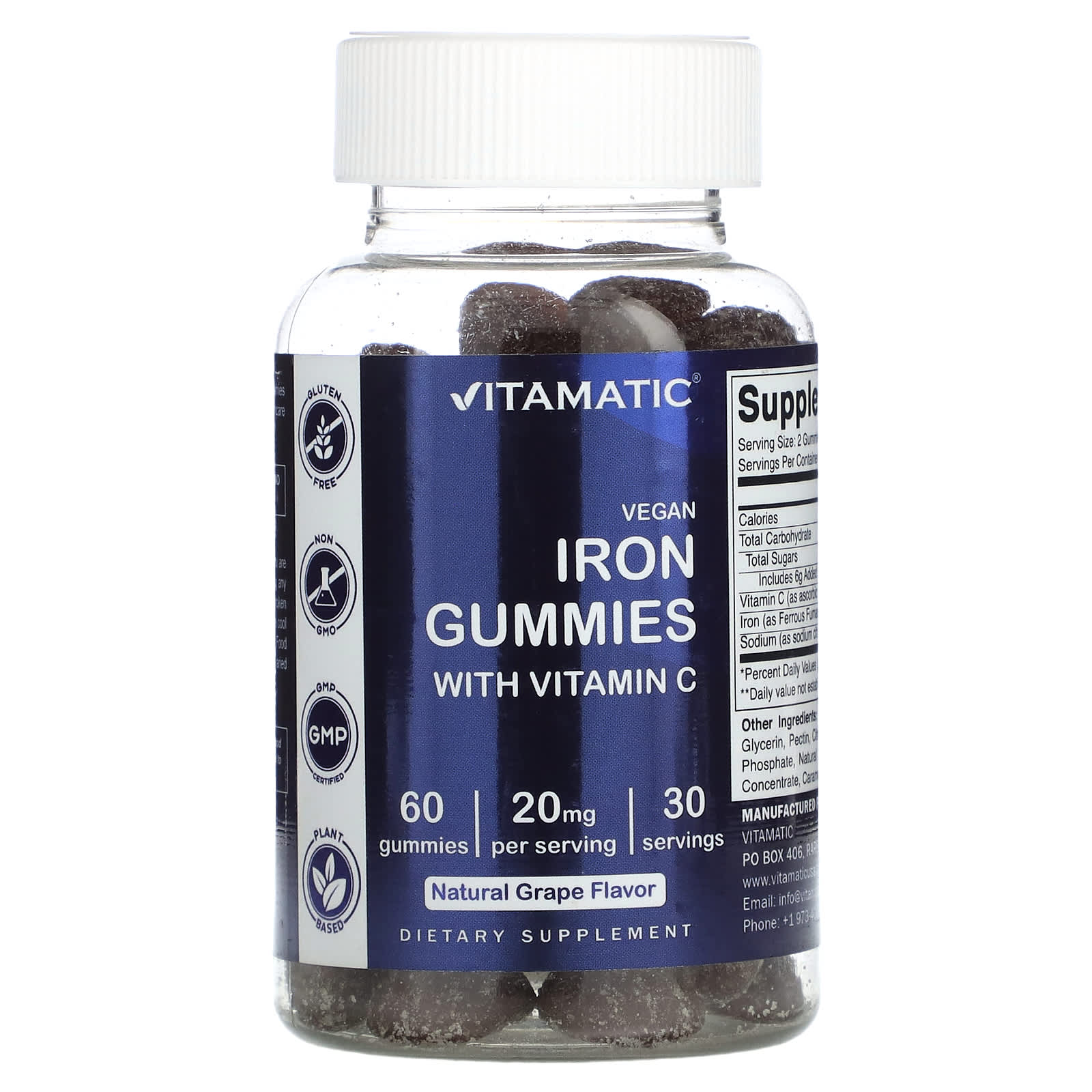 

Vegan Iron Gummies with Vitamin C, Natural Grape Flavor, 60 Gummies