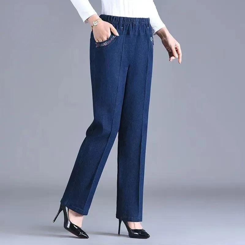 

Жіночі джинси для літніх жінок середнього віку, вишиті кишені, еластична талія, штани-мом, повсякденний денім, штани з прямими штанинами, новинка весни XXL синій