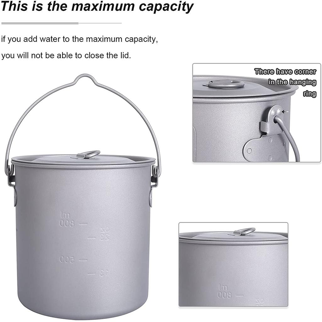 Titanový hrnek s jednou rukojetí 500ml 900ml 1100ml 1250ml Skládací rukojeť Otevřený oheň Ultra lehký Venkovní kempování Titanový hrnek (s víkem) (Závěsný 1250ml)