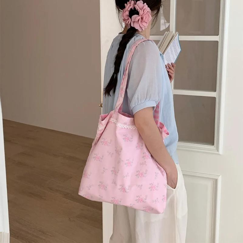 Sweet Plaid Floral Double Sided Women's Shoulder Bag Large Capacity Female Shopping Bags Casual Flower Ladies Tote Handbags