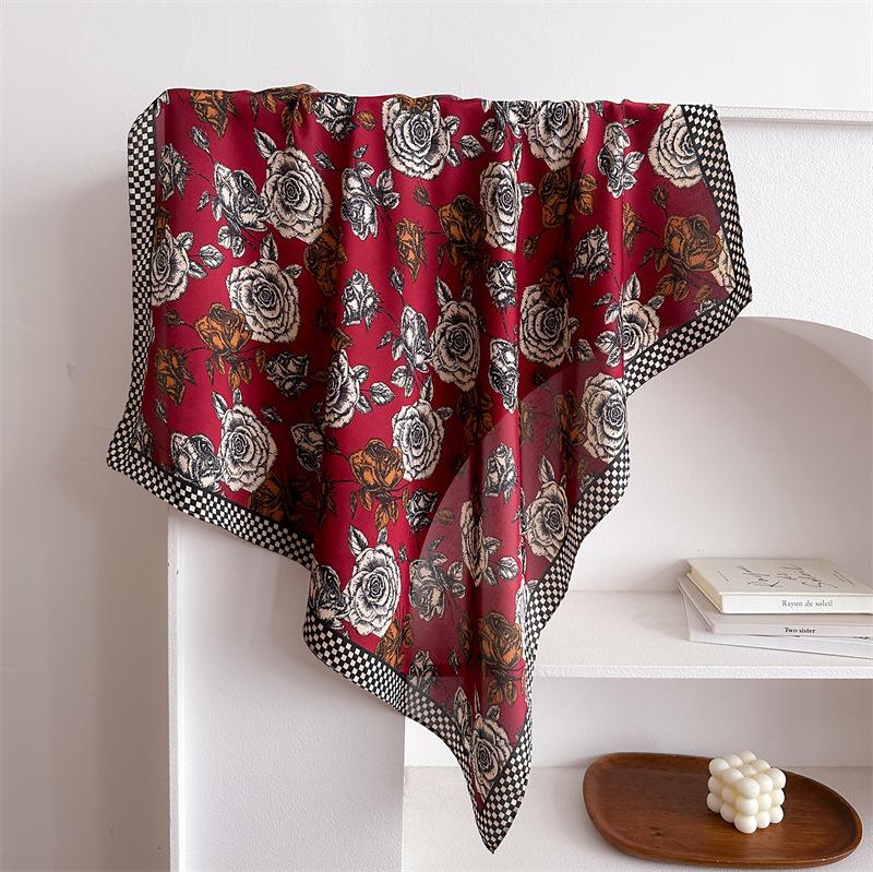 European and American rose small square scarf simulation silk scarf headscarf women's spring and summer scarf printed neck protection scarf profession