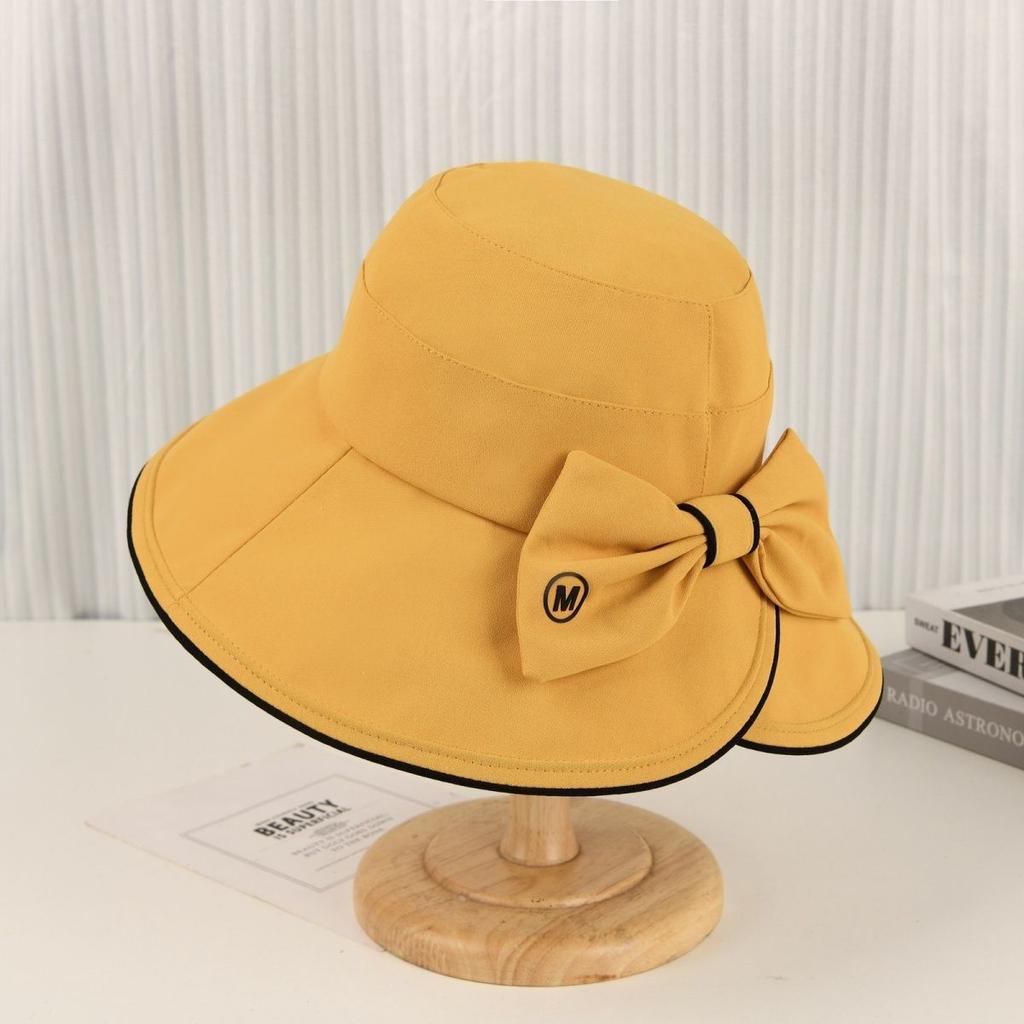 New M standard versatile bow big eaves bucket hat fashionable casual sun hat showing face small sun protection hat