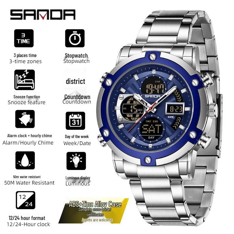 SANDA Men's Multi-Time Zone Steel Band Watch - Luminous, Waterproof, Alarm & Stopwatch Features