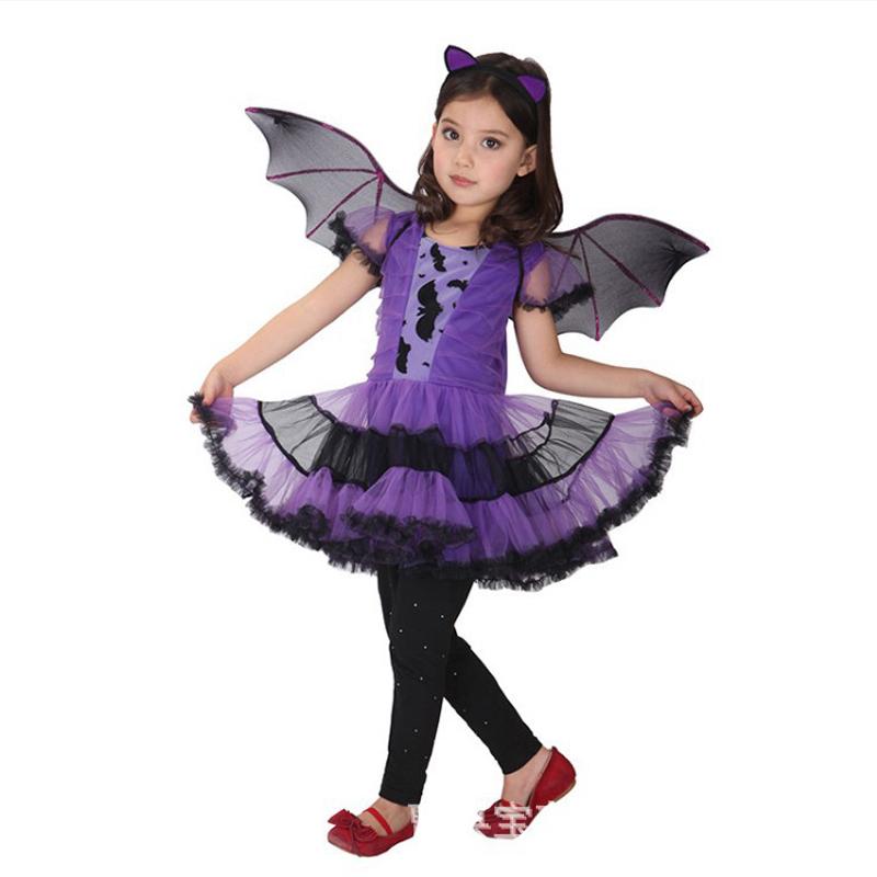 Non-Toxic Children Purple Bat Dress Kids Cosplay Vampire Demon Costume With Wing Headwear Halloween Carnivat Witch Role Play Clothes