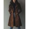 Women's Turn Down Collar Long Sleeve Suede Long Coat Regular Fit Casual Trench Coat