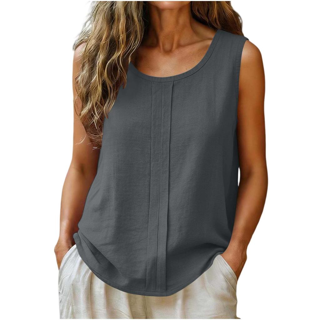 Women Sleeveless Linen Cotton Casual Tank Top Loose Fit Round Neck Lightweight Blouse for Summer Daily Wear