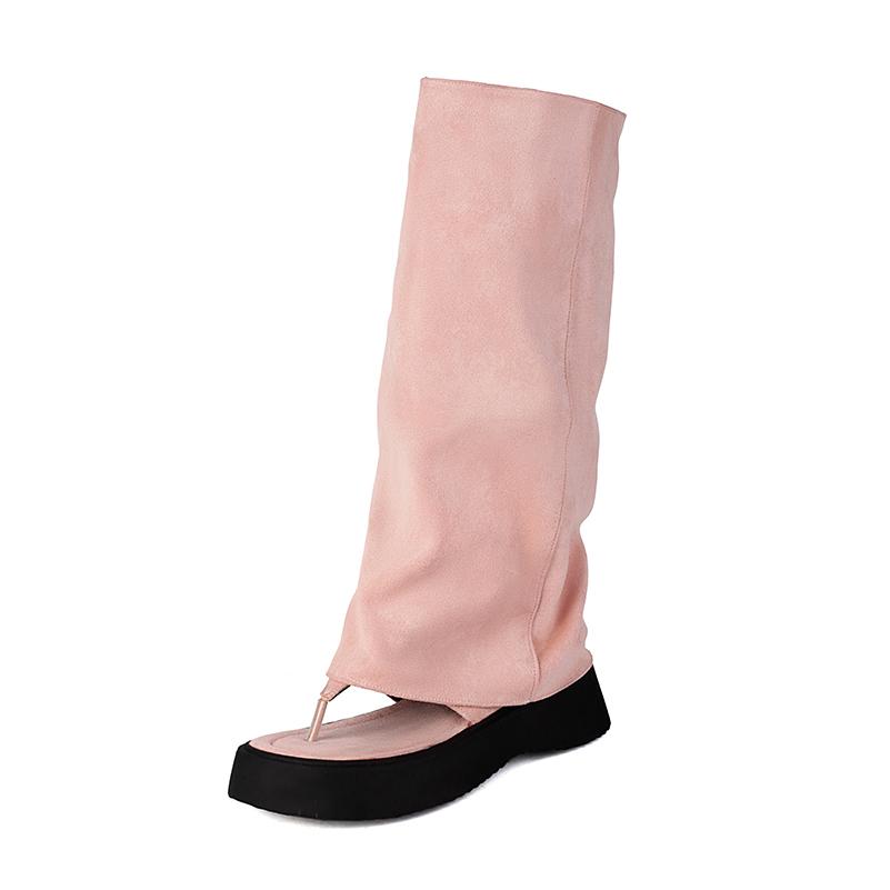 

Большого размера Матовый замшевый материал Плоская подошва Закрытый носок Клипса Летние полусапожки с подошвой средней высоты для женщин Дышащая подкладка Сапоги с открытым носком 39 розовый