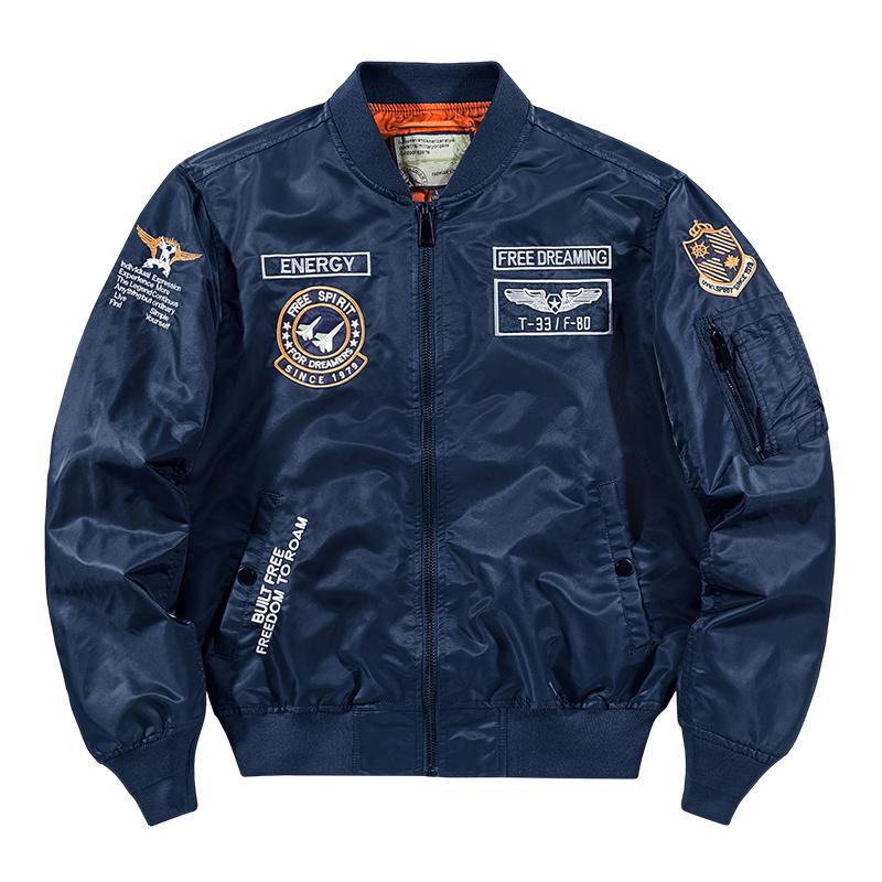 Autumn Men MA-1 Flight Bomber Jacket Badge Embroidery Patches Rib Knit Collar Zip Up Windproof Army Pilot Military Streetwear Casual Outerwear Coat