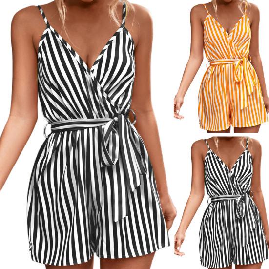 Lady Jumpsuit Sleeveless Deep V Neck Stripe Print Contrast Color Tight Waist Summer Romper Female Clothes