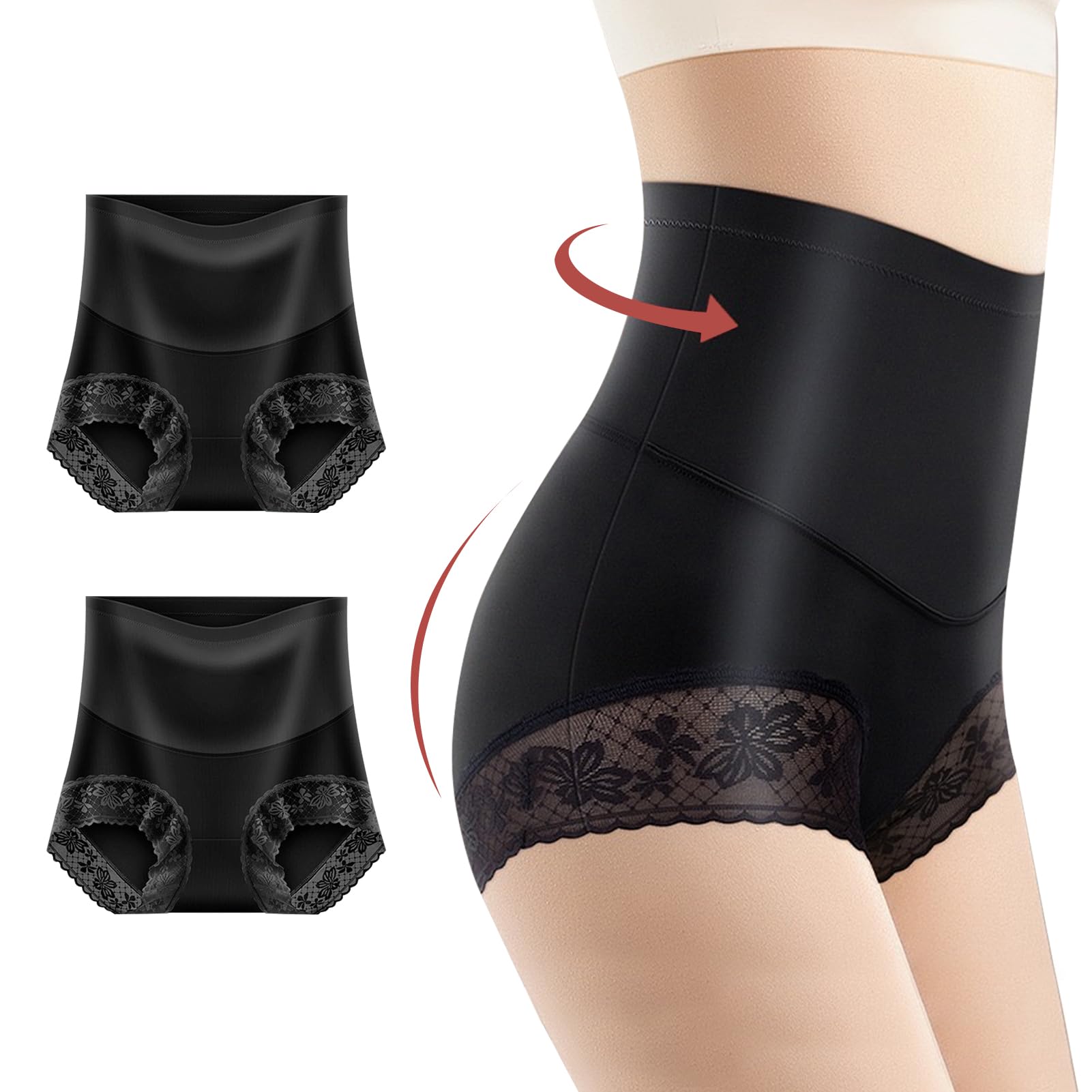 

SHUIII Охлаждающее атласное нижнее белье-пояс для живота и таза, красивый формирующий комплект из 2 женских трусиков с глубокой посадкой, поднимающих ягодицы, с высокой талией, летний, чёрный