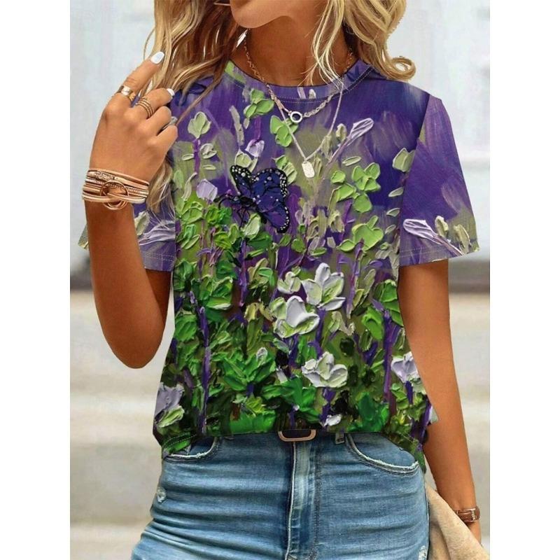Women's T-shirt Summer 3D Digital Printed Casual Round Neck Plant Flower Series Short Sleeve T Shirts
