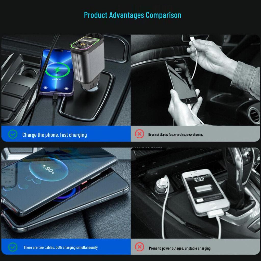 Starry Sky Multi-Function Car Charger: Dual Retractable Cables & Projector Light.