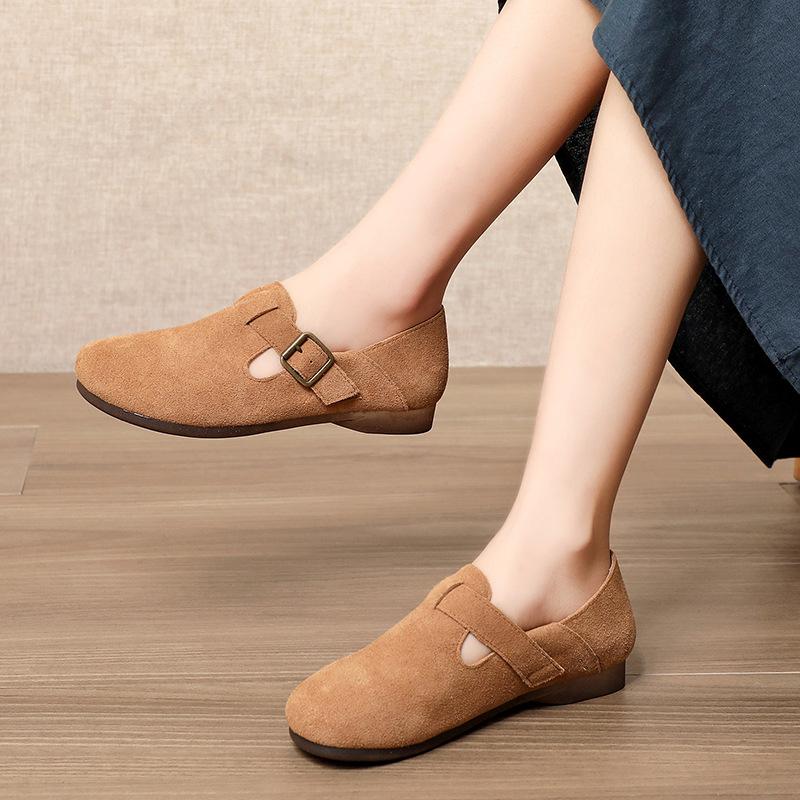 Fashion Leather Winter Flat Women's Shoes Leather Scrub Women's Shoes Mary Jane Shoes Warm Summer Pumps Loafers Retro Nostalgic Coffee