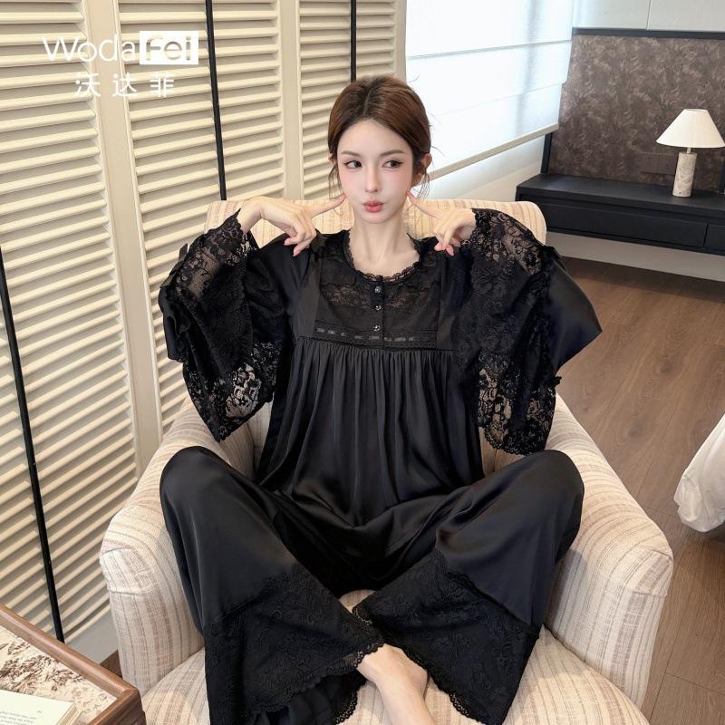 Princess style lace satin pajamas women's spring and autumn new court style doll shirt pajamas horn sleeves thin loungewear