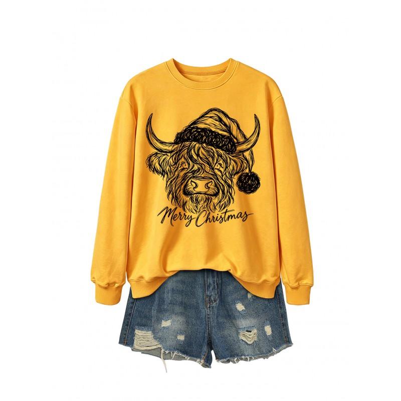 Womens Casual Fashion Christmas Yak Head Print Crewneck Sweatshirt Regular Fit Daily Wear