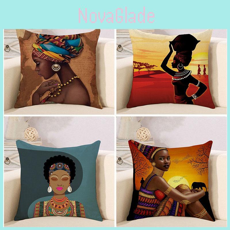 Tribal African Women Lifestyle Throw Pillow Case Exotic Linen Cushion Cover For Home Decoration