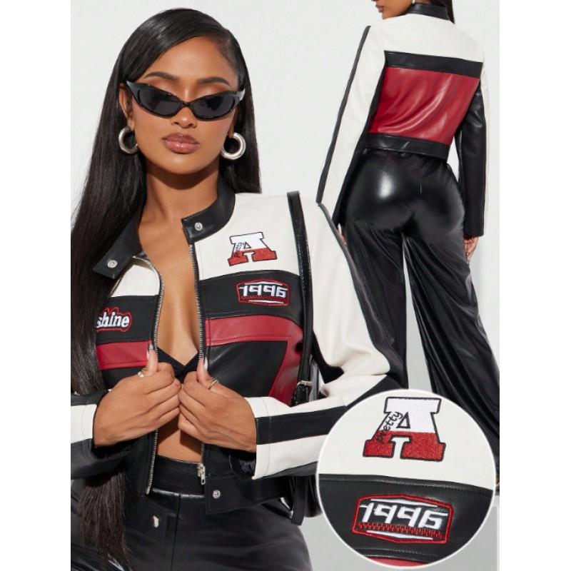 Womens PU Leather Color-Block Biker Jacket