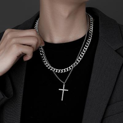 Hip Hop Double Layered Cross Necklace for Men Women Titanium Steel Cuban Chain Necklace