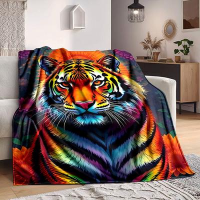 1pc Colorful Tiger Print Blanket Lightweight Blanket Throw Blanket For Sofa, Bed, Travel, Camping, Livingroom, Office, Couch, Chair Yy251010108