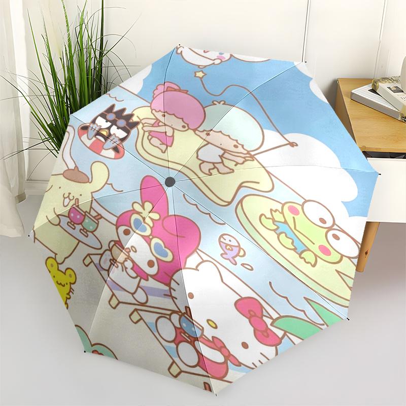 1pc Hello Kitty & Friends Automatic Opening/Closing Umbrella - Portable Three-Fold Design with 8-Bone Iron Frame - Outdoor - Perfect Gift for Fans, Tr