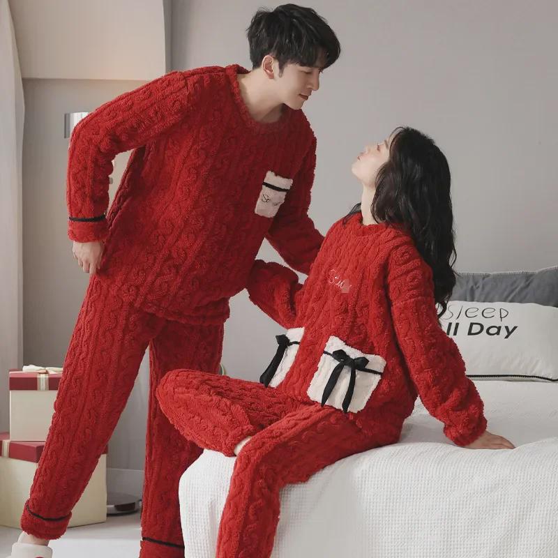 Rode Feestelijke Winter Bruiloft Koppel Pyjama's met Rits - Langharig Koraalfleece