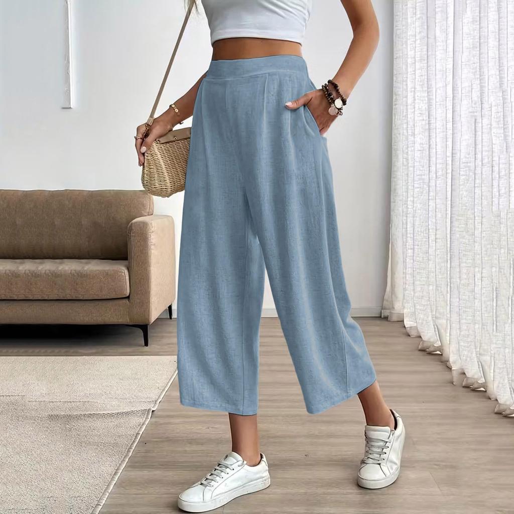 Wide Leg Womens Pants Relaxed Fit Lightweight Pants for Women High Waist Cropped Trousers Casual Loose Style