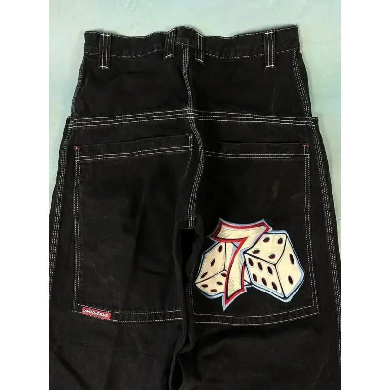 Mens Y2K Streetwear Denim Pants High Waist Loose Fit Straight Leg Jeans With Embroidery