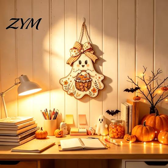 Decorative Wood Hanging Plaque Cute Bow Ghost Sign, Rustic Retro Floral Door Sign with Pumpkin Farmhouse Front Basket, Vintage Halloween Wooden