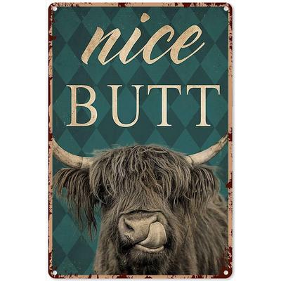 Arte per il Bagno Bel Sedere Mucca delle Highlands Cartello in Latta - Decorazione Murale Metallica Vintage Chic, Poster Divertente per Casa Bagno Bar Caffè Regalo