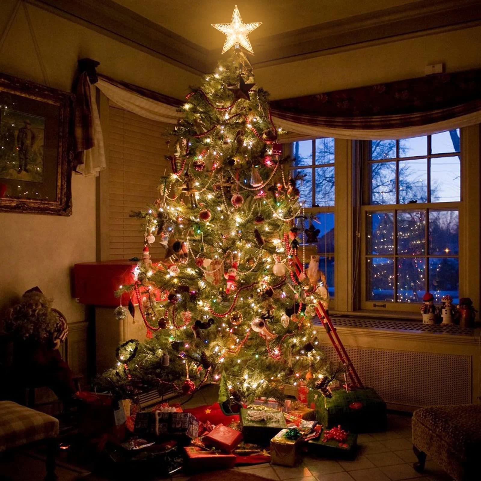 

Christmas Tree Topper With LED Light,Clear Five-Pointed Star Tree Topper Plug In For Xmas New Year Lighted Christmas Tree Decoration One Size