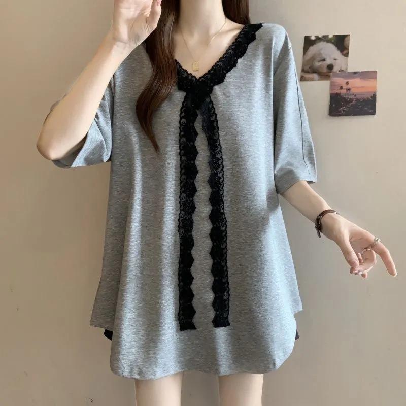 

Женская туника с V-образным вырезом и кружевной отделкой Контрастная белая кружевная вставка Рукав 3/4 Повседневная свободная блузка Комфортная L