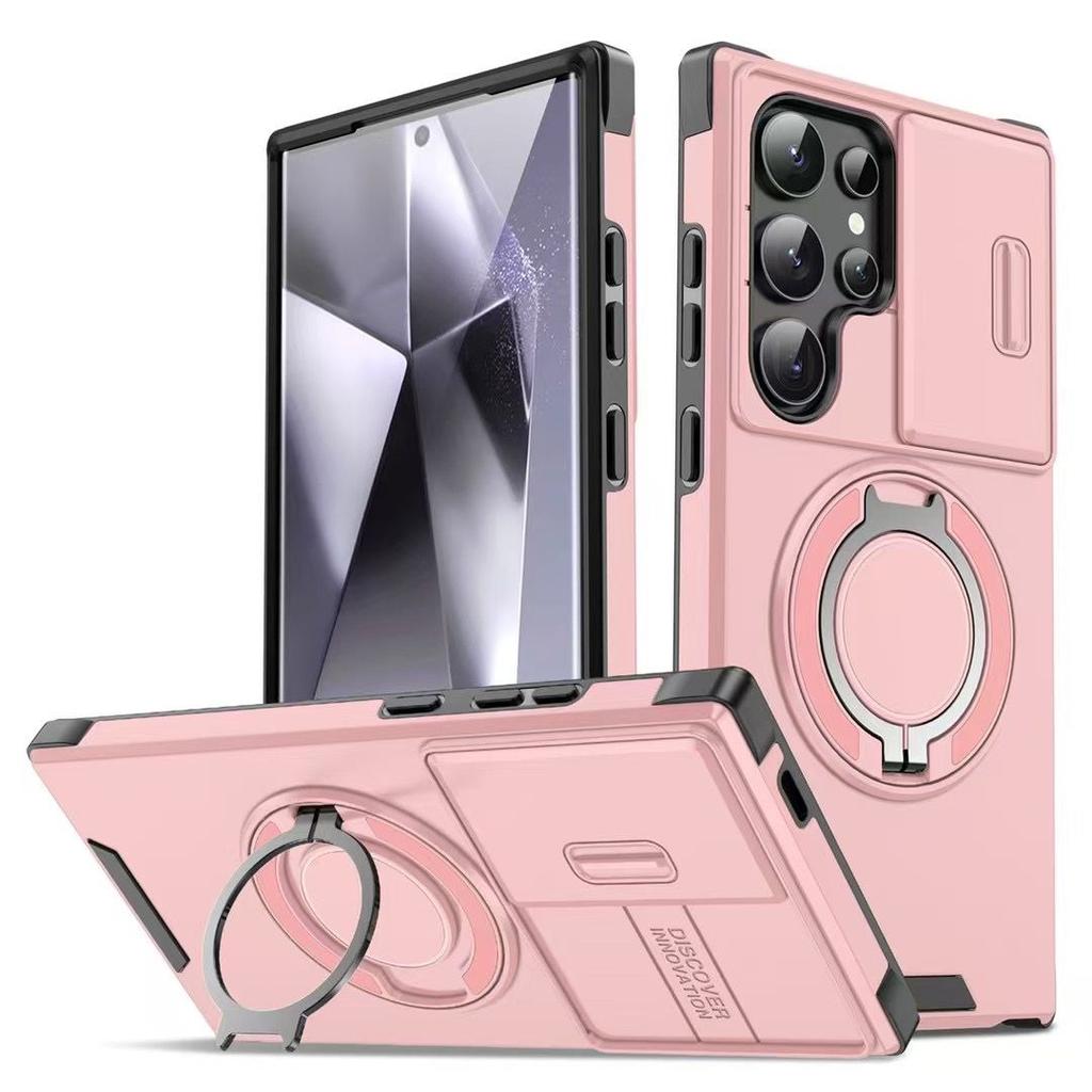Custodia per telefono con anello di supporto Armor per Samsung S25ultra - Guscio rigido antiurto con finestra scorrevole per l'obiettivo, cover magnetica per auto per Samsung S25/S24/S23/S22/Ultra/Plus