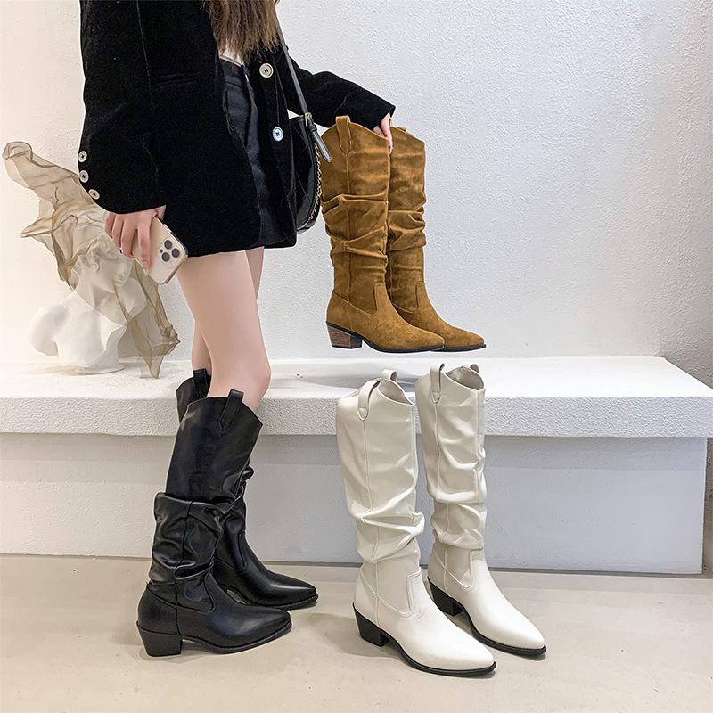 2025 New Knee Knight Boots Pointed Thick Heel Thin Boots British Style Two Wear Matte Leather Pile Boots Women