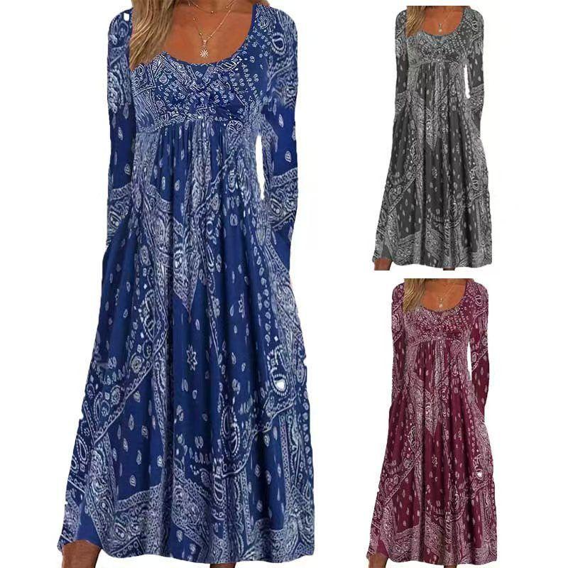 Autumn Women Print Dress Ladies Skirt Autumn Round Neck Print Long Sleeve Women Long Dress