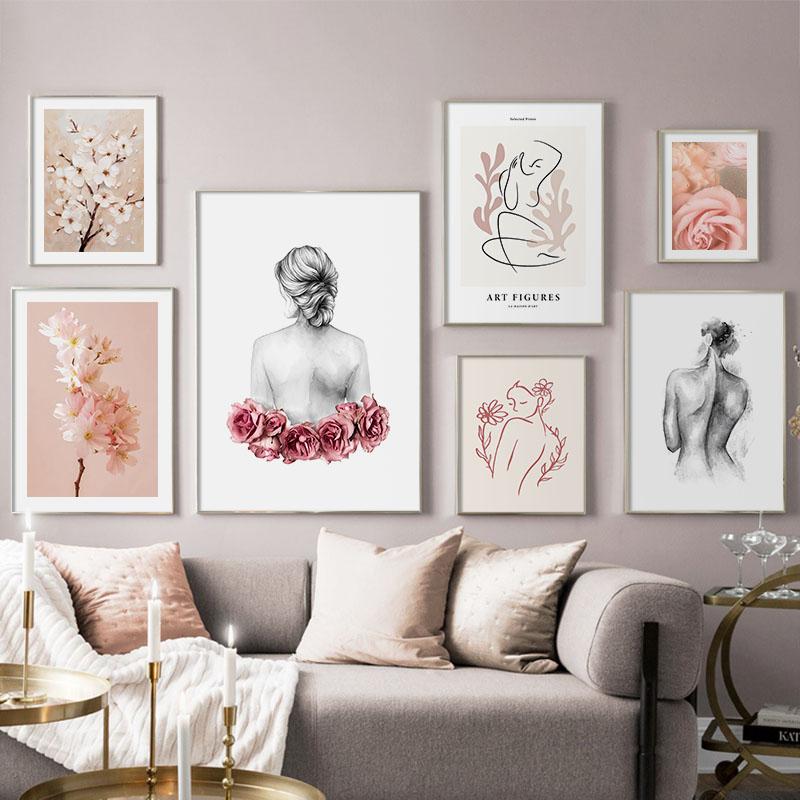 Abstrakt Flickkropp Ros Sakura Blomma Väggkonst Canvasmålning Nordiska Landskapsaffischer Och Tryck Bilder För Vardagsrumsinredning