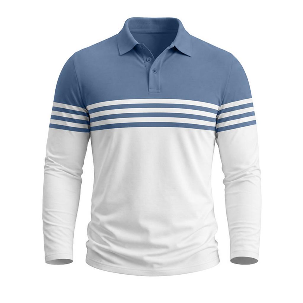 Men's Long Sleeve Striped Color Block T-Shirt with Collar for Casual Layering