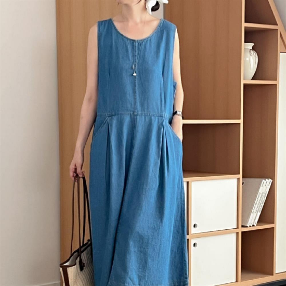 New Arrivals Open Run Women Summer Sleeveless Pintuck Plus Size Denim Zip Uplong