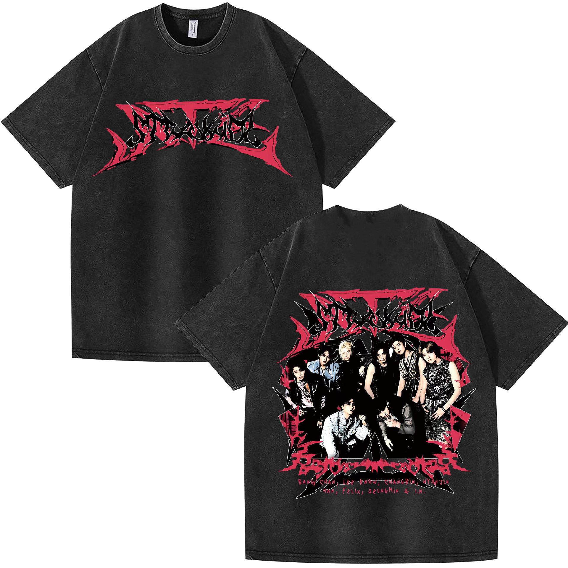 Washed Stray Kids Combination Peripheral Printing Summer Short-Sleeved T-Shirt Pure Cotton Loose S