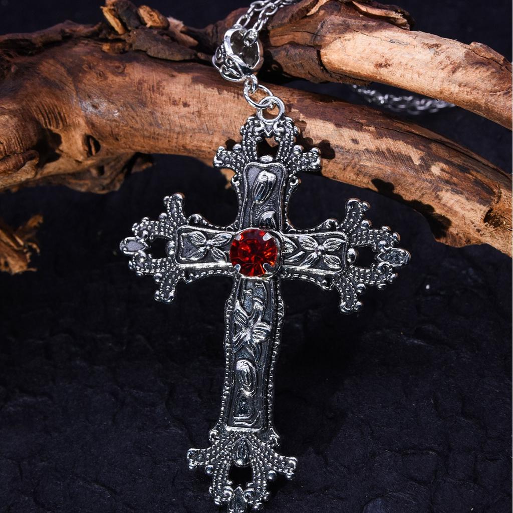 1011 New Vintage Gothic Punk Style Inlaid Jewel Cross Pendant Necklace Long Earring Clip