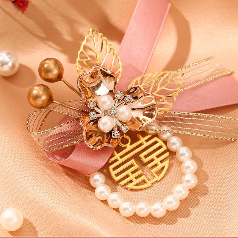 Brățară Exquisită pentru Domnișoare de Onoare cu Flori Artificiale, Panglică Dulce de Nuntă, Fundă cu Perle, Flori de Mână pentru Mireasă, Accesorii de Petrecere, Bal de Promovare, Cadouri