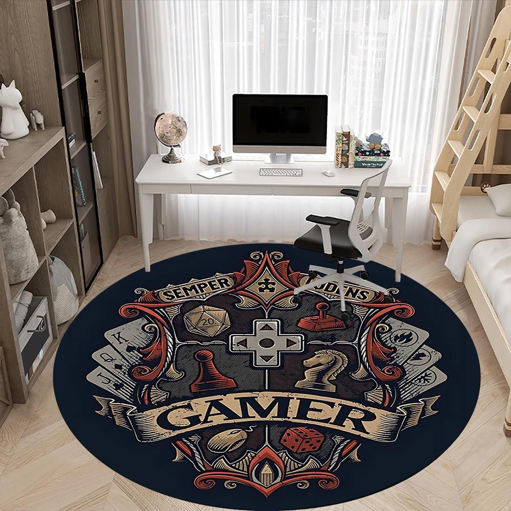 1pc Gamer Crest Office Round Area Rug, Indoor Mat Suitable For Office, Under Office Chairs Bedroom Living Room Home Decor, Room Deco