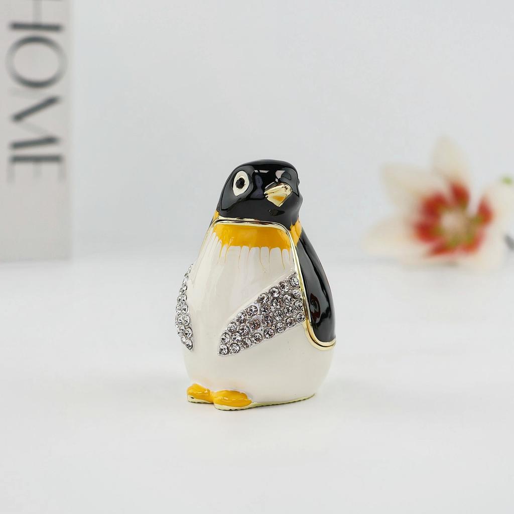 SHINNYGIFTS Traditional Gold-Plated Hand Painted Enamel Penguin Figurine Trinket Box Rhinestone Inlay Mini Metal Jewelry Storage